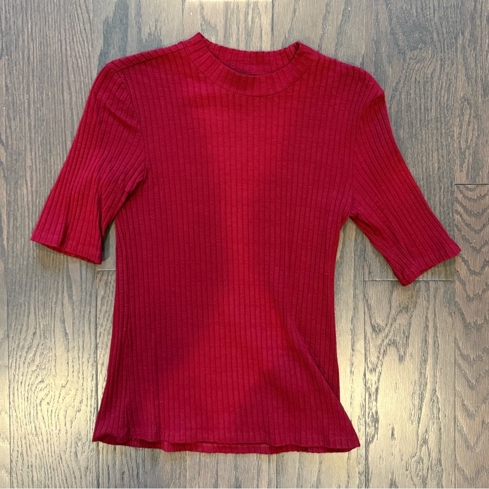 & Other Stories Ribbed Mock Neck Half Sleeve Top in Cherry Red 6